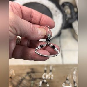 Handmade elegant .925 sterling silver dangle earrings with black onyx beads